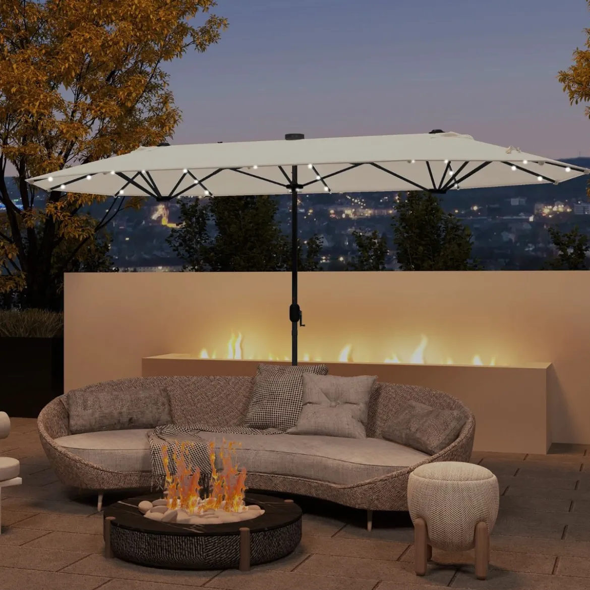 400 x 200 cm Doppelsonnenschirm mit Ständer & LED-Leuchten & Kurbel UPF 50+ Gartenschirm