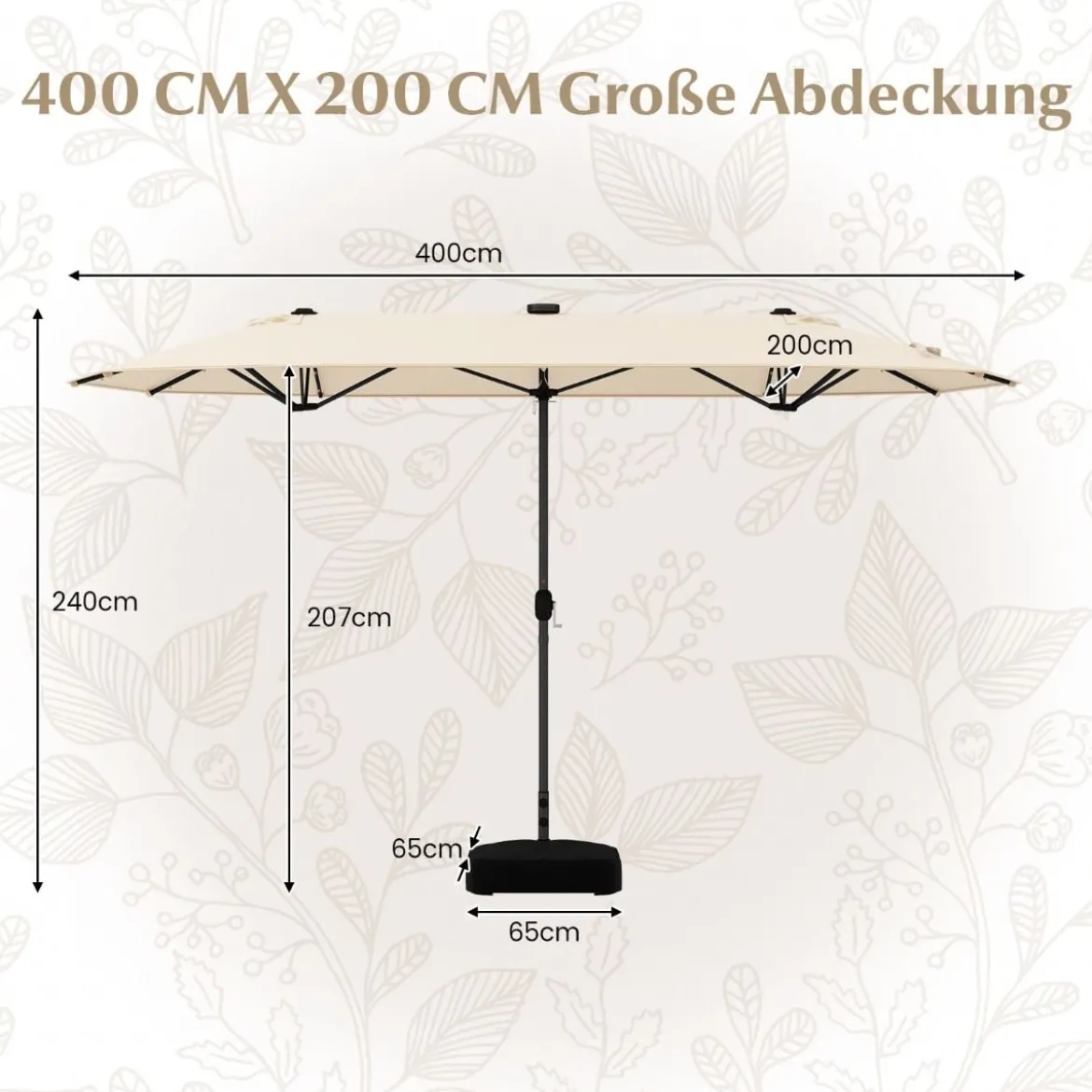 400 x 200 cm Doppelsonnenschirm mit Ständer & LED-Leuchten & Kurbel UPF 50+ Gartenschirm