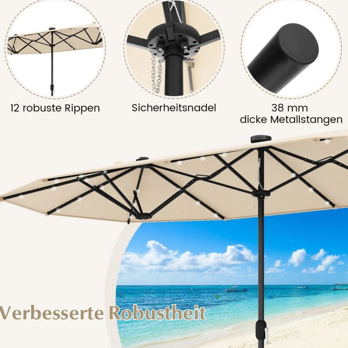 400 x 200 cm Doppelsonnenschirm mit Ständer & LED-Leuchten & Kurbel UPF 50+ Gartenschirm