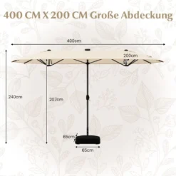 400 x 200 cm Doppelsonnenschirm mit Ständer & LED-Leuchten & Kurbel UPF 50+ Gartenschirm