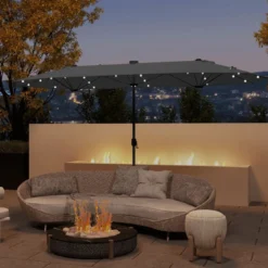 400 x 200 cm Doppelsonnenschirm mit Ständer & LED-Leuchten & Kurbel UPF 50+ Gartenschirm