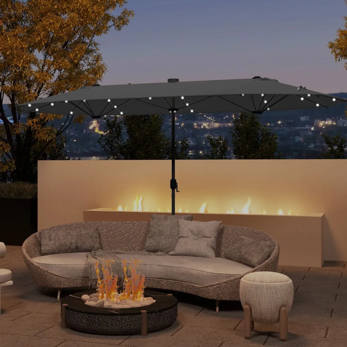 400 x 200 cm Doppelsonnenschirm mit Ständer & LED-Leuchten & Kurbel UPF 50+ Gartenschirm