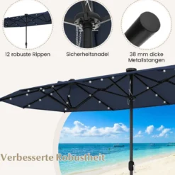 400 x 200 cm Doppelsonnenschirm mit Ständer & LED-Leuchten & Kurbel UPF 50+ Gartenschirm