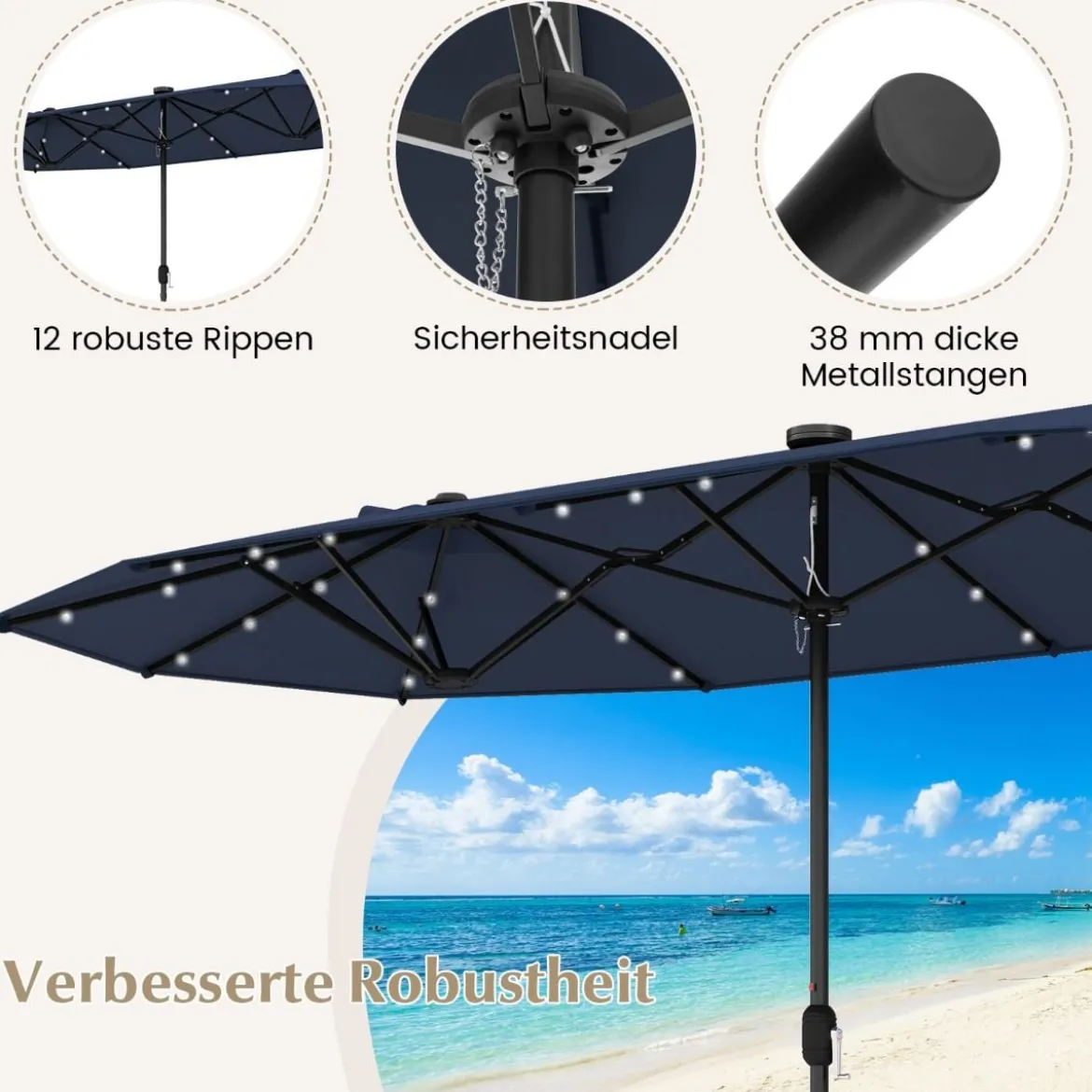 400 x 200 cm Doppelsonnenschirm mit Ständer & LED-Leuchten & Kurbel UPF 50+ Gartenschirm