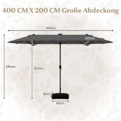 400 x 200 cm Doppelsonnenschirm mit Ständer & LED-Leuchten & Kurbel UPF 50+ Gartenschirm