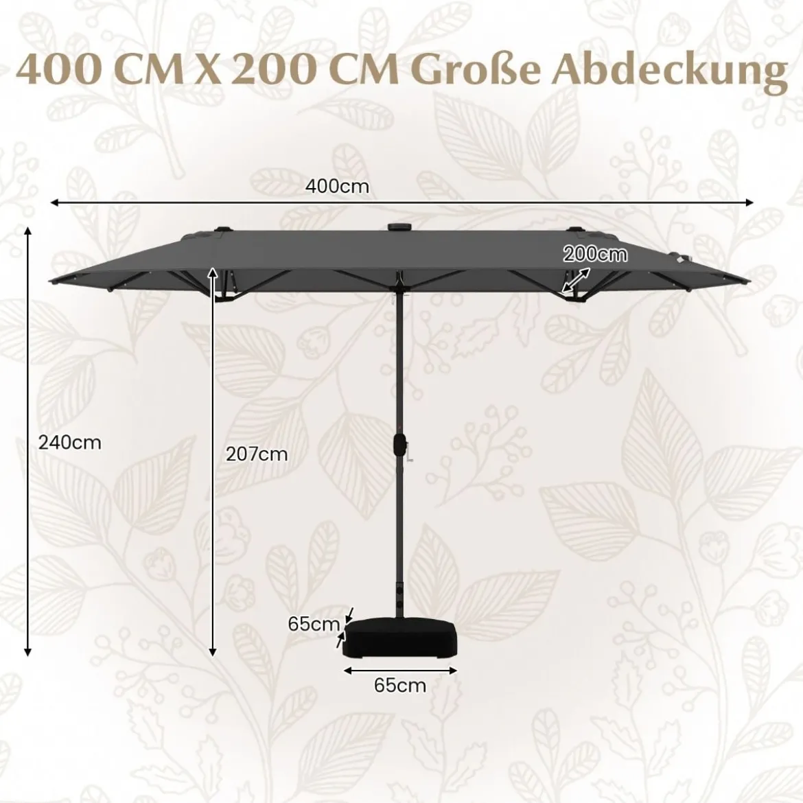 400 x 200 cm Doppelsonnenschirm mit Ständer & LED-Leuchten & Kurbel UPF 50+ Gartenschirm