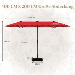400 x 200 cm Doppelsonnenschirm mit Ständer & LED-Leuchten & Kurbel UPF 50+ Gartenschirm