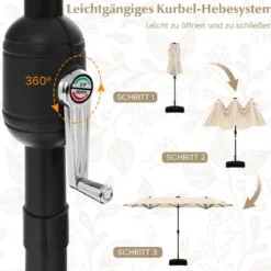 400 x 200 cm Doppelsonnenschirm mit Ständer & LED-Leuchten & Kurbel UPF 50+ Gartenschirm