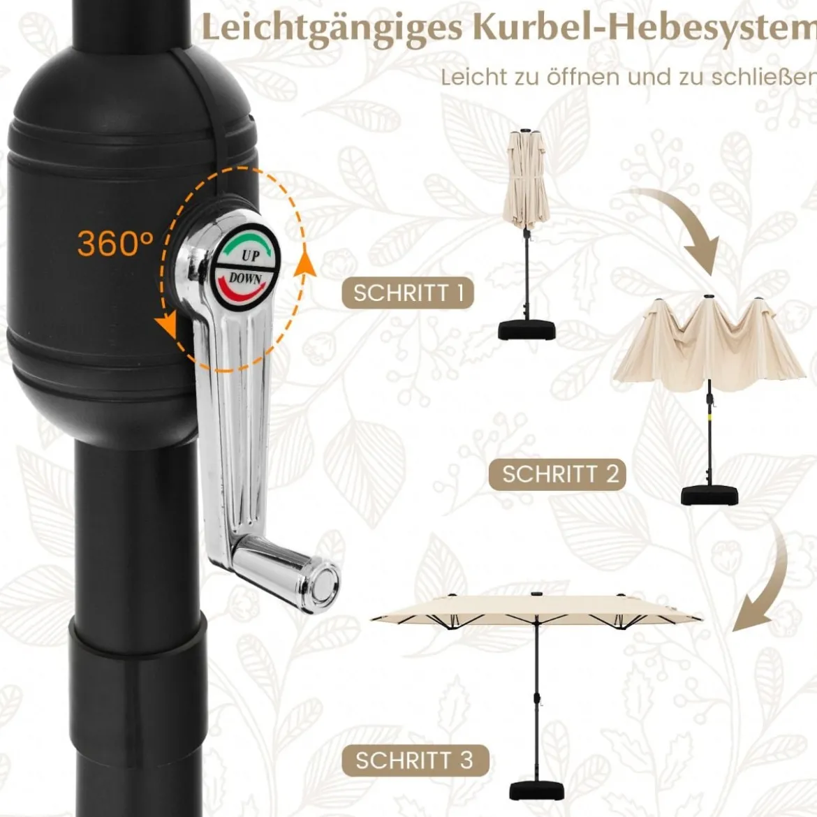 400 x 200 cm Doppelsonnenschirm mit Ständer & LED-Leuchten & Kurbel UPF 50+ Gartenschirm