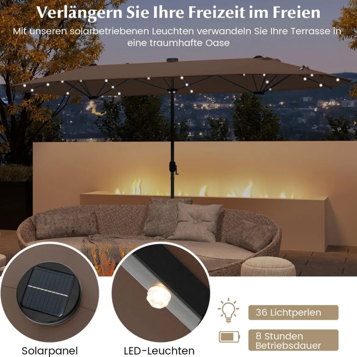 400 x 200 cm Doppelsonnenschirm mit Ständer & LED-Leuchten & Kurbel UPF 50+ Gartenschirm