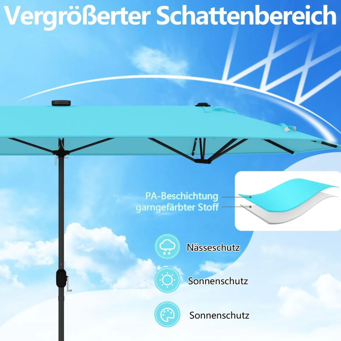 400 x 200 cm Doppelsonnenschirm mit Ständer & LED-Leuchten & Kurbel UPF 50+ Gartenschirm