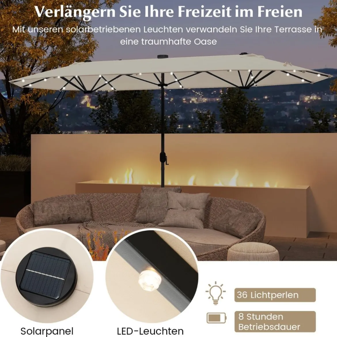 400 x 200 cm Doppelsonnenschirm mit Ständer & LED-Leuchten & Kurbel UPF 50+ Gartenschirm