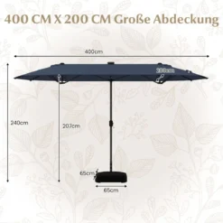 400 x 200 cm Doppelsonnenschirm mit Ständer & LED-Leuchten & Kurbel UPF 50+ Gartenschirm