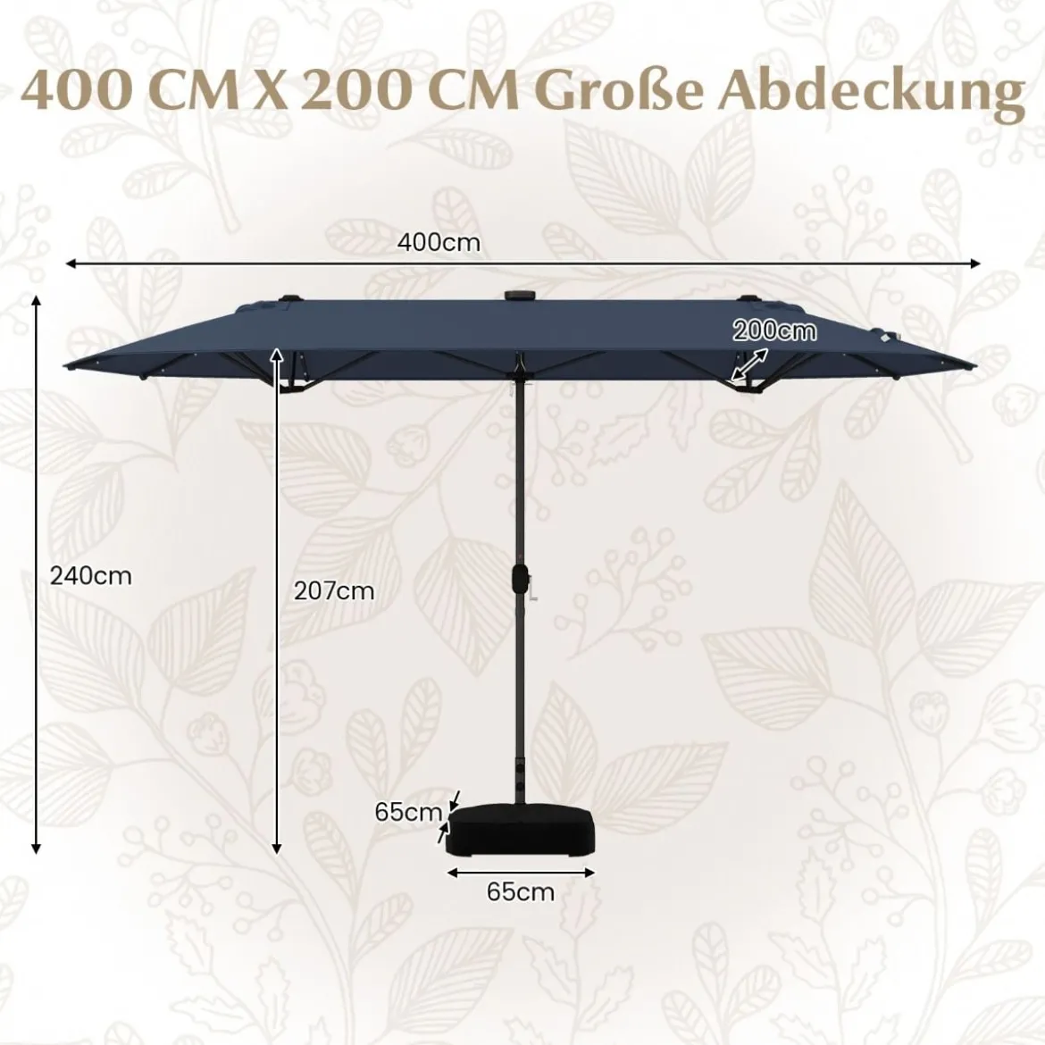400 x 200 cm Doppelsonnenschirm mit Ständer & LED-Leuchten & Kurbel UPF 50+ Gartenschirm