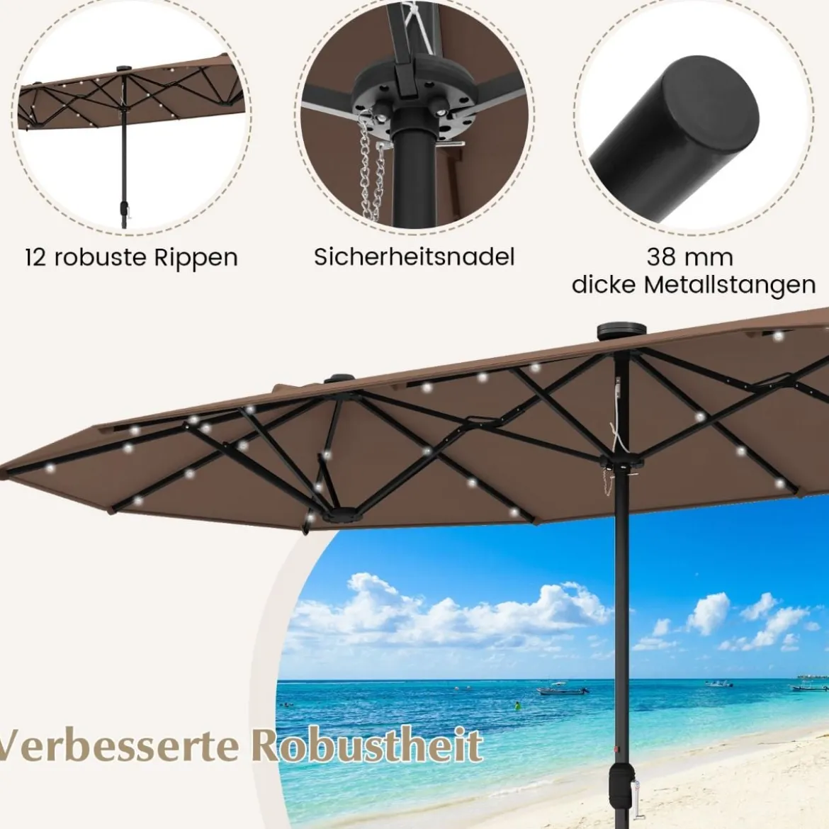 400 x 200 cm Doppelsonnenschirm mit Ständer & LED-Leuchten & Kurbel UPF 50+ Gartenschirm