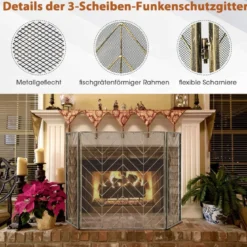 133 x 78 cm Funkenschutzgitter mit Stabilem Metallrahmen 3-teilige Faltbare Kamingitter Bronze