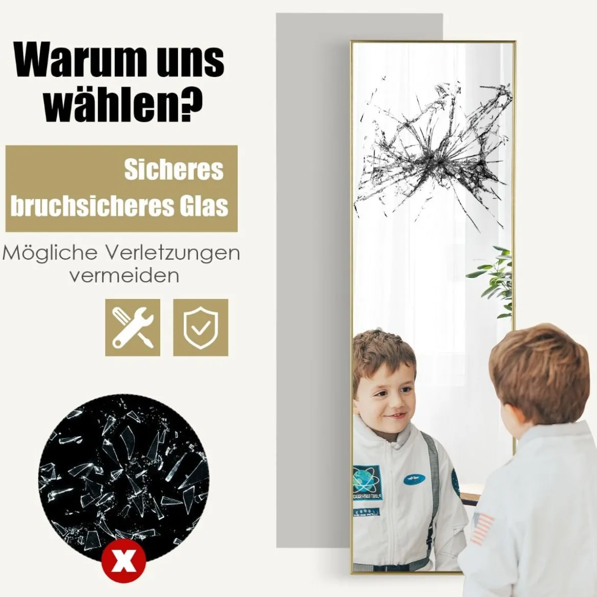 37 x 120 cm Ganzkörperspiegel mit Höhenverstellbaren Hängehaken Wandspiegel Golden