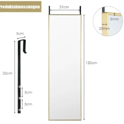 37 x 120 cm Ganzkörperspiegel mit Höhenverstellbaren Hängehaken Wandspiegel Golden
