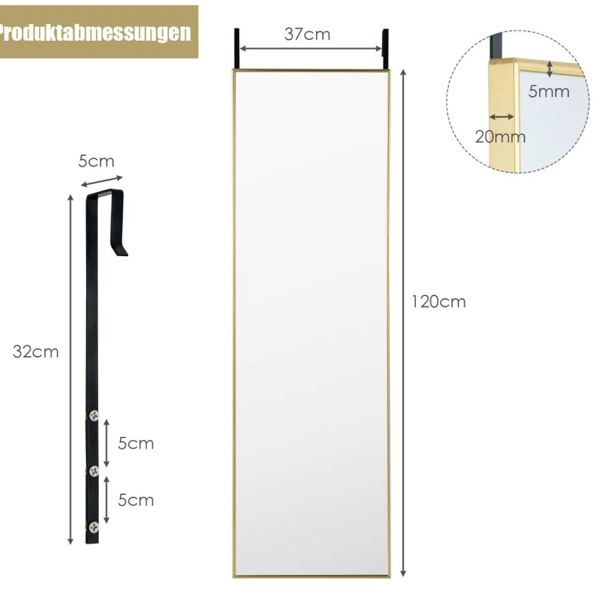 37 x 120 cm Ganzkörperspiegel mit Höhenverstellbaren Hängehaken Wandspiegel Golden
