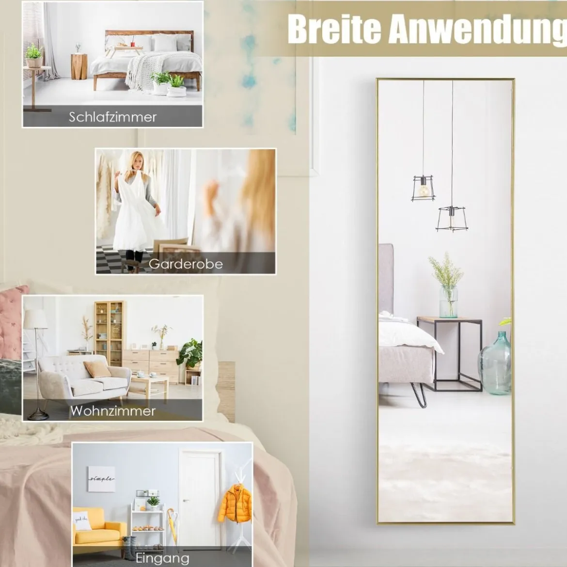 37 x 120 cm Ganzkörperspiegel mit Höhenverstellbaren Hängehaken Wandspiegel Golden
