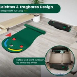 300 x 96 cm Golf Puttingmatte mit 3 Putting Cups & 1 Fahne Faltbare Golfmatte Übungsmatte Grün