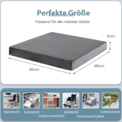 45 x 45 cm Große Memory-Schaum-Sitzkissen 5 cm Dicke Stuhlauflagen Grau
