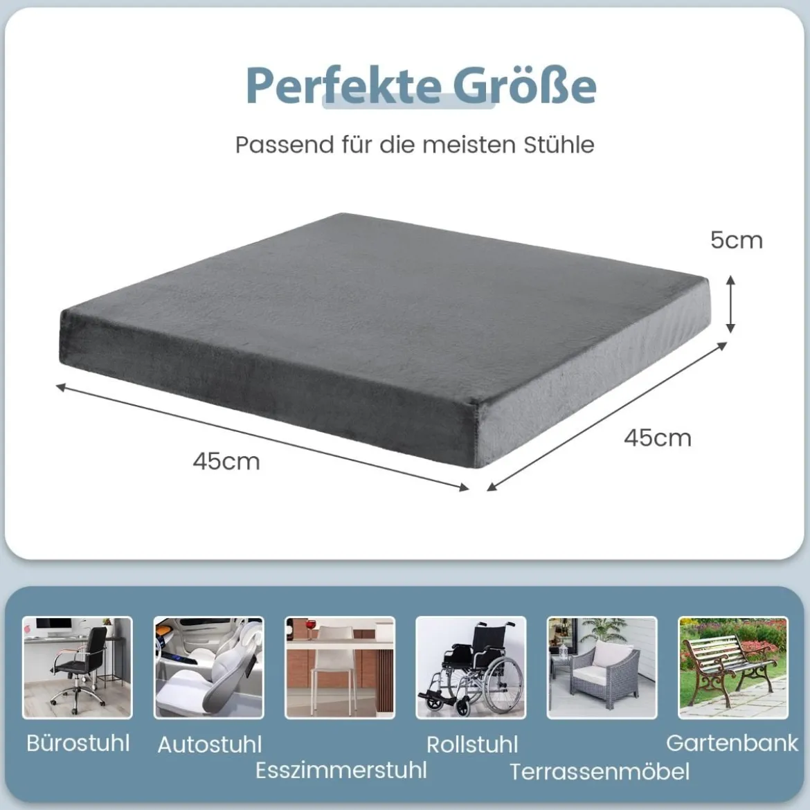 45 x 45 cm Große Memory-Schaum-Sitzkissen 5 cm Dicke Stuhlauflagen Grau