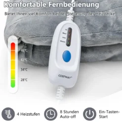 150 x 200 cm Heizdecke mit Abschaltautomatik & 4 Temperaturstufen & 8 Std. Timer Grau