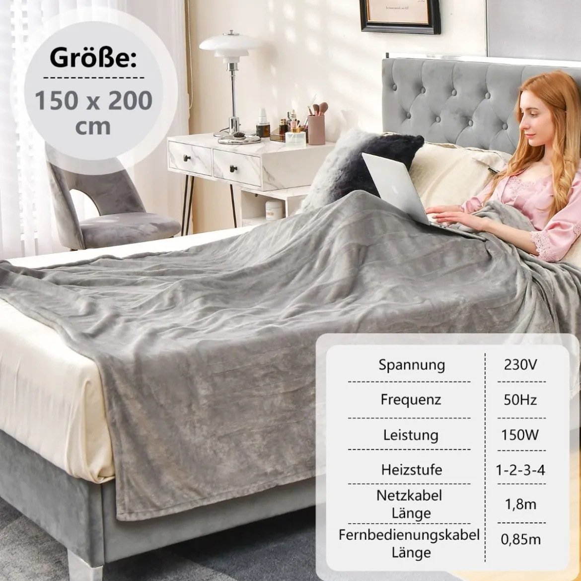 150 x 200 cm Heizdecke mit Abschaltautomatik & 4 Temperaturstufen & 8 Std. Timer Grau