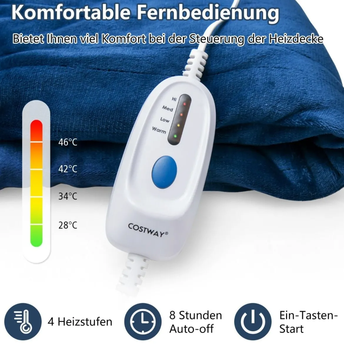 150 x 200 cm Heizdecke mit Abschaltautomatik & Timer & Überhitzungsschutz Blau