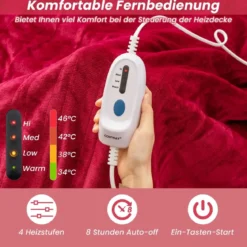 150 x 200 cm Heizdecke mit Abschaltautomatik & Timer & Überhitzungsschutz Rot