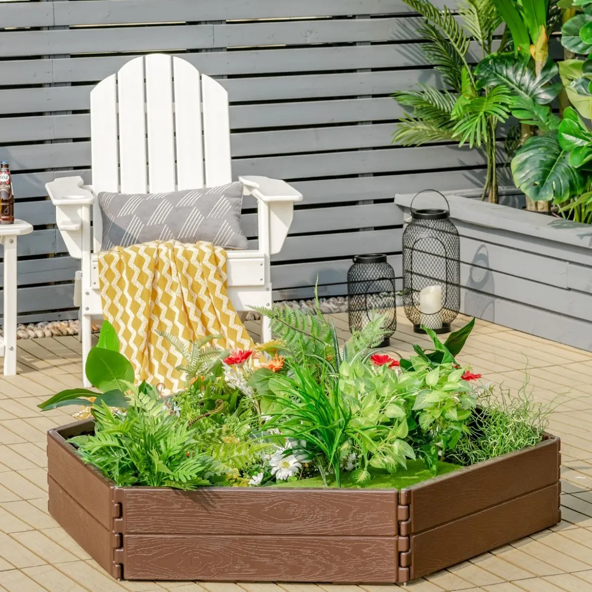 120 x 120 cm Hochbeet Sechseck-Outdoor-Pflanzkiste für Blumen Braun