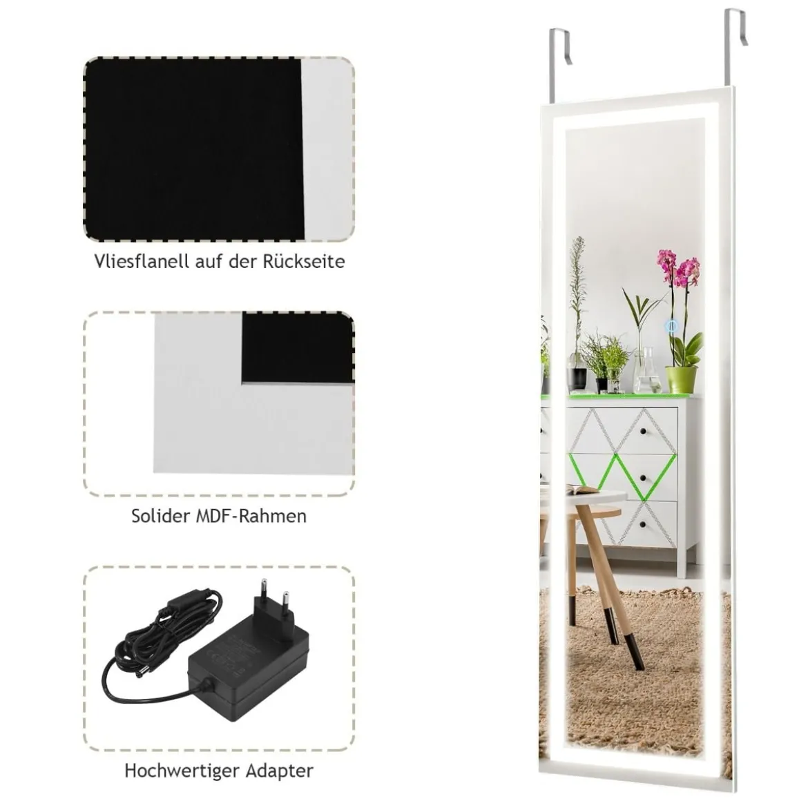 37 x 120 cm 2 in 1 Wandspiegel mit 3 Farben LED Beleuchtung Ganzkörperspiegel Hängespiegel