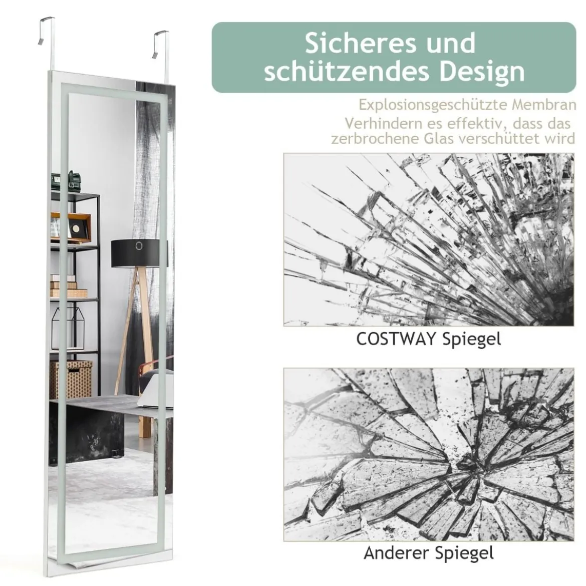 37 x 120 cm 2 in 1 Wandspiegel mit 3 Farben LED Beleuchtung Ganzkörperspiegel Hängespiegel