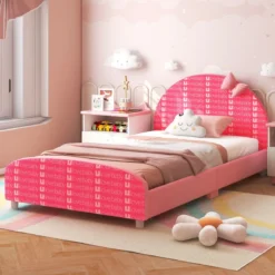 140 x 70 cm Kinderbett mit Weichem Kopfteil & Fußteil Lattenrost Babybett Rosa Schleife
