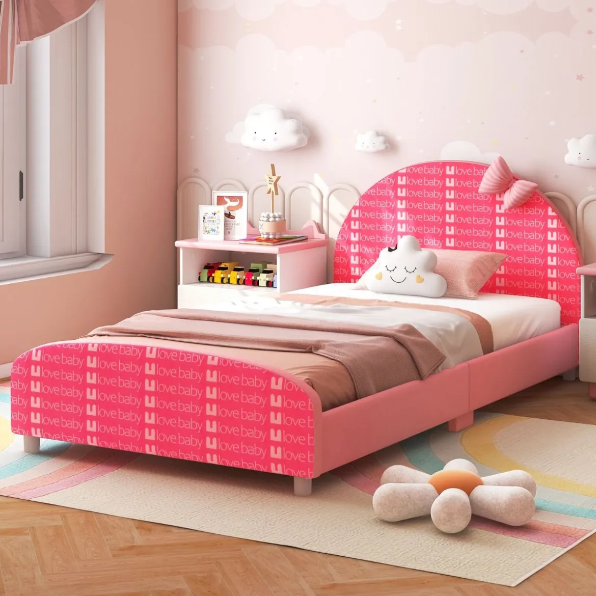 140 x 70 cm Kinderbett mit Weichem Kopfteil & Fußteil Lattenrost Babybett Rosa Schleife