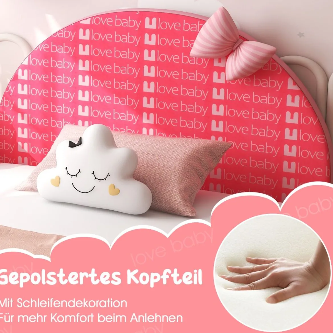 140 x 70 cm Kinderbett mit Weichem Kopfteil & Fußteil Lattenrost Babybett Rosa Schleife