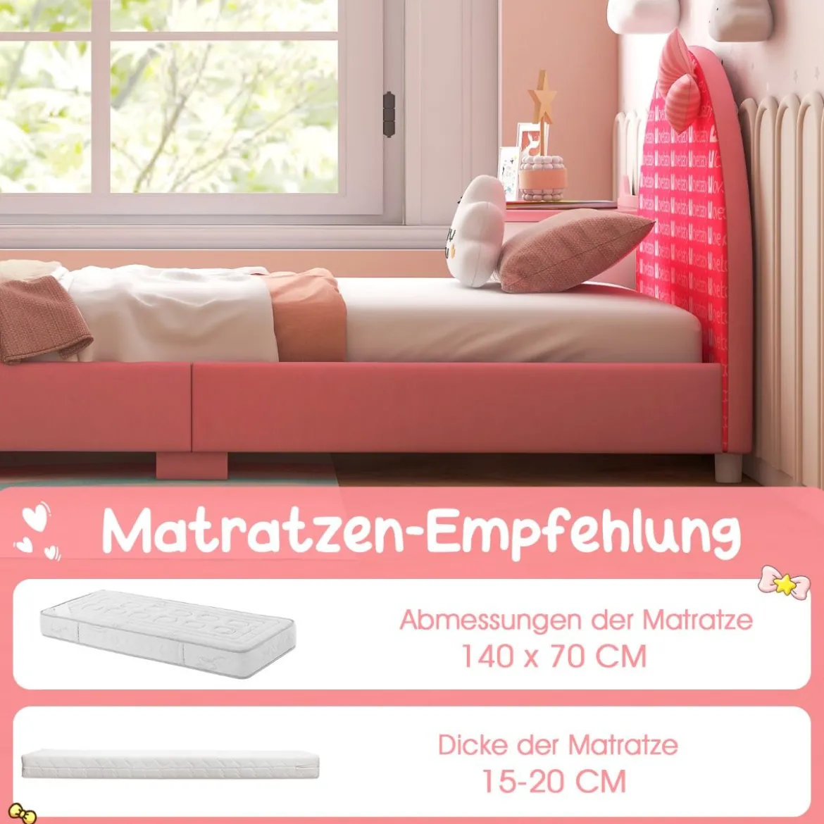 140 x 70 cm Kinderbett mit Weichem Kopfteil & Fußteil Lattenrost Babybett Rosa Schleife