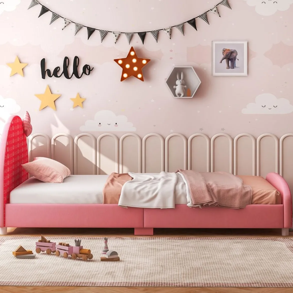 140 x 70 cm Kinderbett mit Weichem Kopfteil & Fußteil Lattenrost Babybett Rosa Schleife