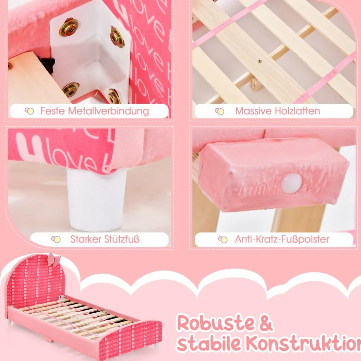 140 x 70 cm Kinderbett mit Weichem Kopfteil & Fußteil Lattenrost Babybett Rosa Schleife