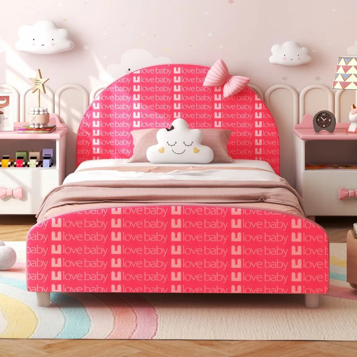 140 x 70 cm Kinderbett mit Weichem Kopfteil & Fußteil Lattenrost Babybett Rosa Schleife