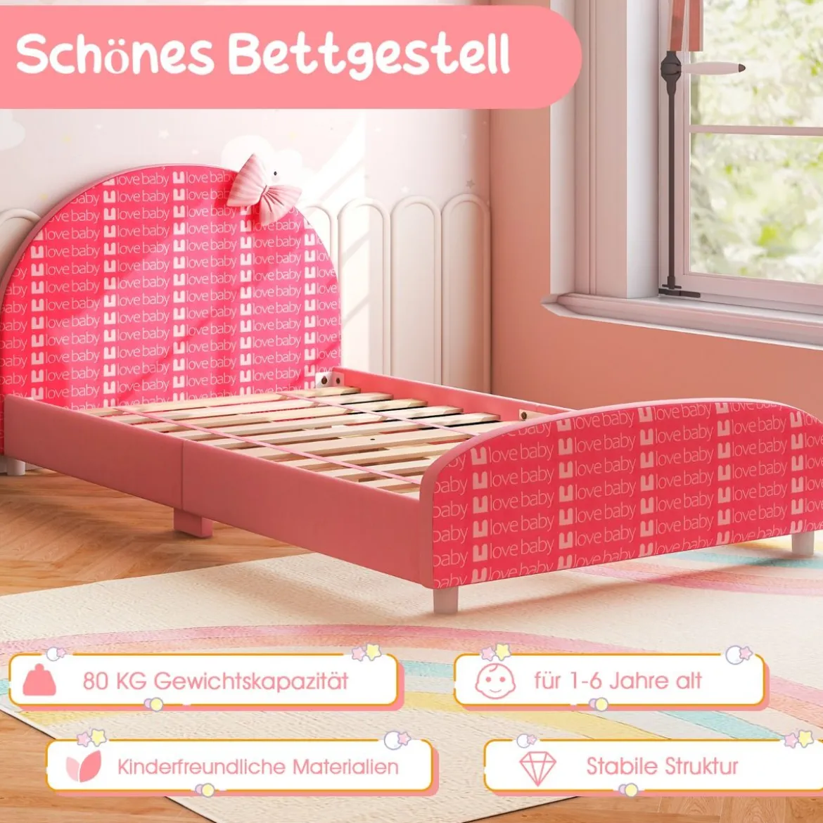140 x 70 cm Kinderbett mit Weichem Kopfteil & Fußteil Lattenrost Babybett Rosa Schleife