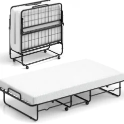190 x 90 cm Klappbett mit Matratze & Feststellbaren Rollen Tragbares Gästebett