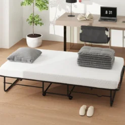 190 x 90 cm Klappbett mit Matratze & Feststellbaren Rollen Tragbares Gästebett
