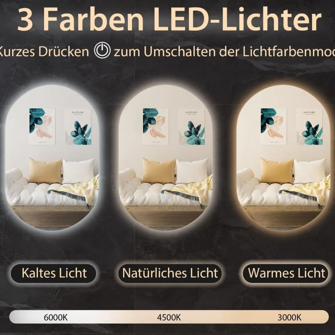 80 x 50 cm LED Wandspiegel Oval Dimmbarer Badezimmerspiegel