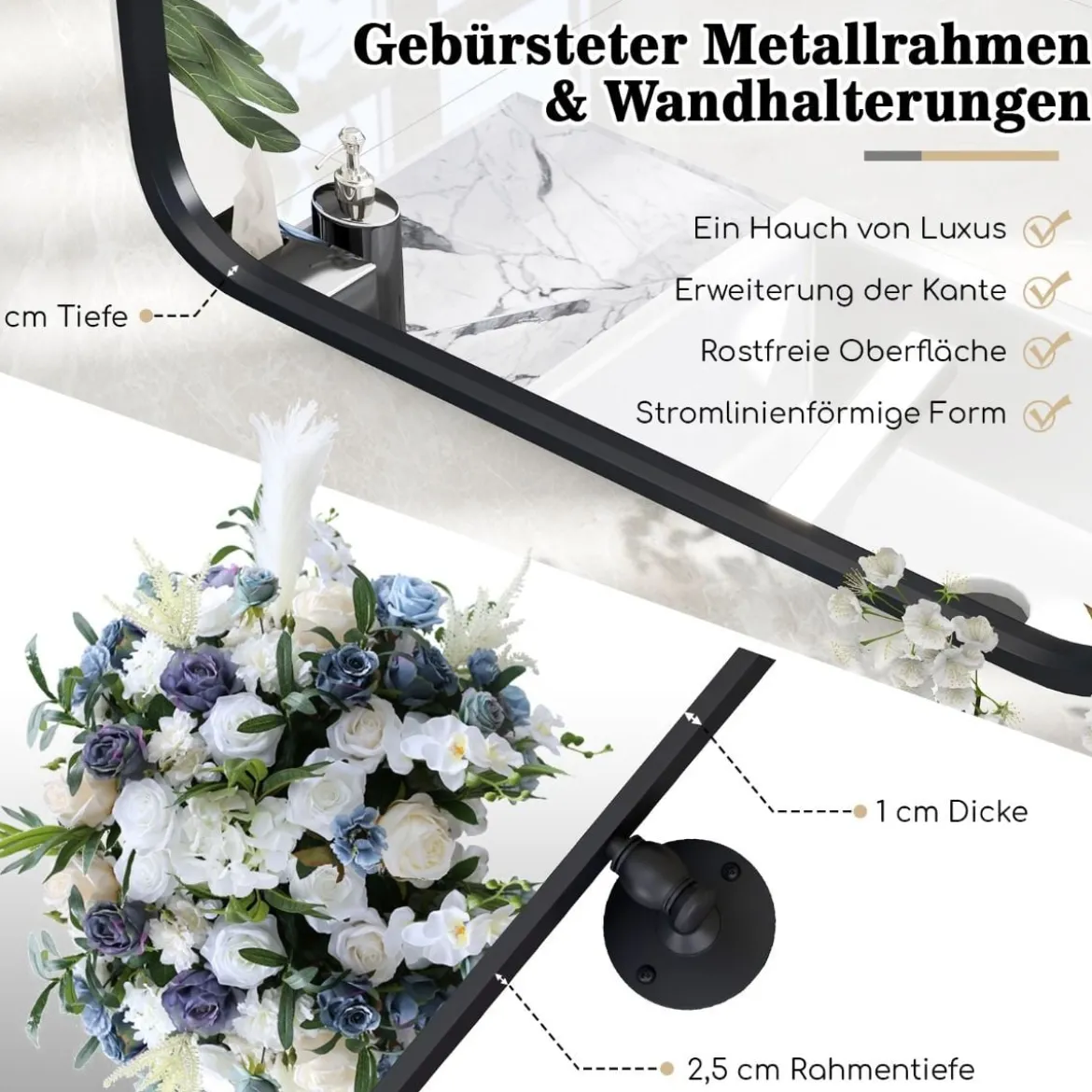 76,5 x 56 cm metallgerahmtes Wandspiegel kippbarer Badzimmerspiegel mit Wandhalterung Schwarz