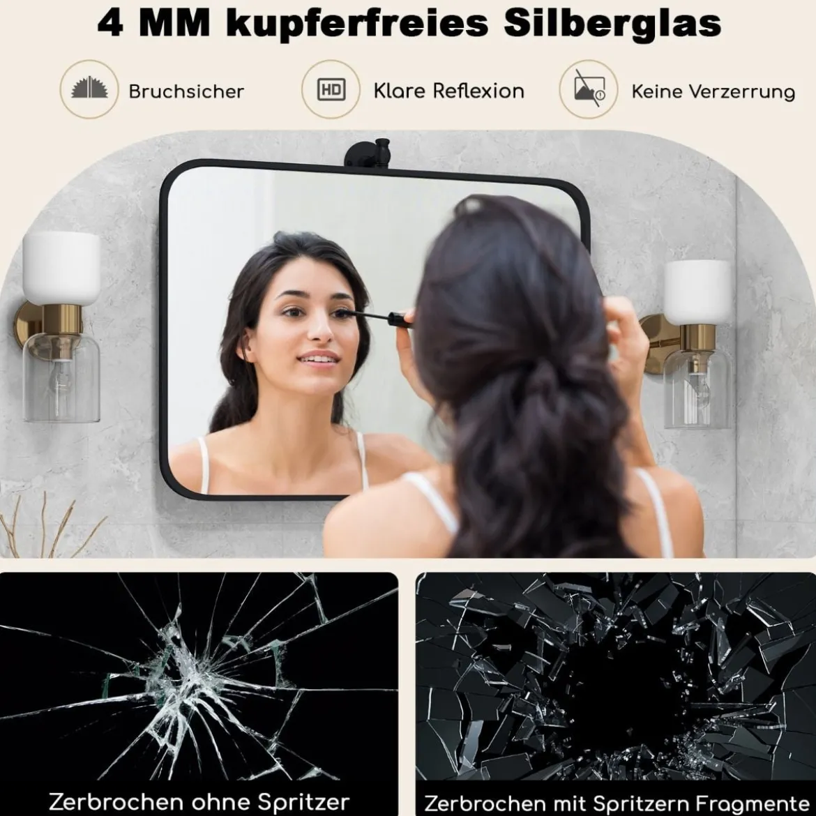 76,5 x 56 cm metallgerahmtes Wandspiegel kippbarer Badzimmerspiegel mit Wandhalterung Schwarz