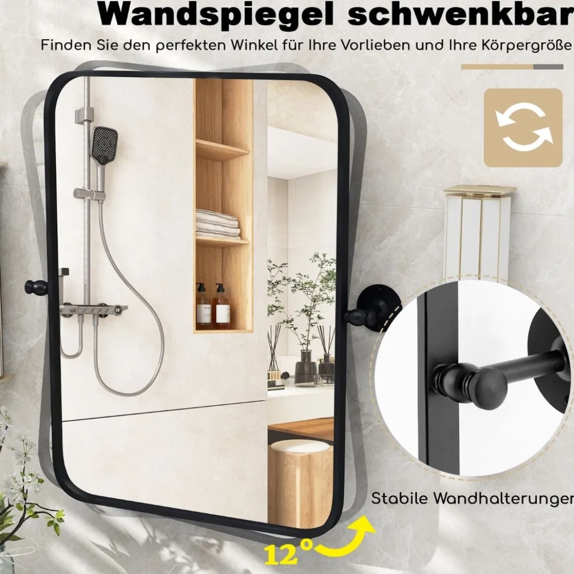 76,5 x 56 cm metallgerahmtes Wandspiegel kippbarer Badzimmerspiegel mit Wandhalterung Schwarz