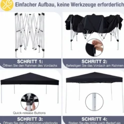 290 x 290 cm Pop-Up-Pavillon Höhenverstellbar mit Zubehör für Strand Camping Schwarz