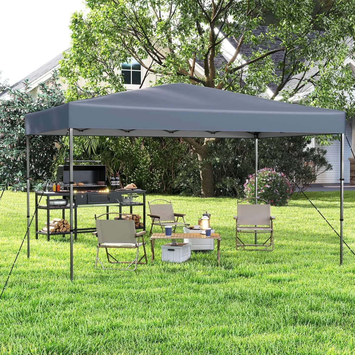 365 x 225 cm Pop-up-Pavillon mit tragbarer Tragetasche 9 Heringe 4 Windseile faltbarer Outdoor-Sonnenschutz Pavillon Grau